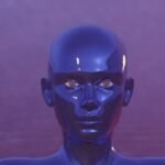 a blue mannequin with a purple background