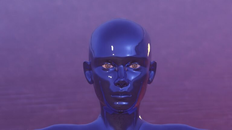 a blue mannequin with a purple background